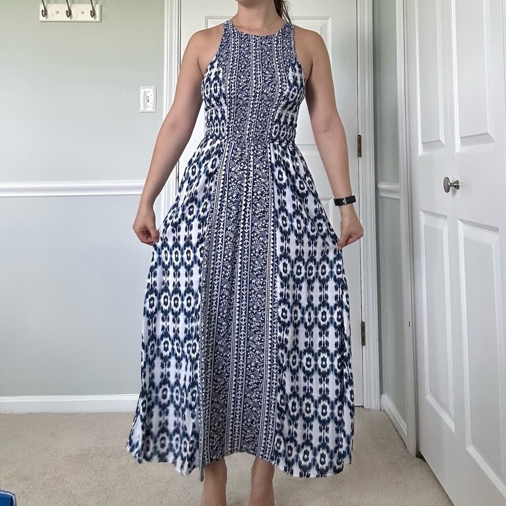 Blue and white patterned maxi dress